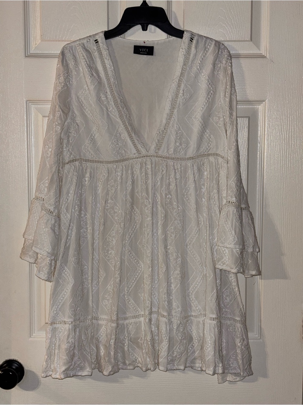 VICI Ivory Lace V-Neck Tiered Mini Dress